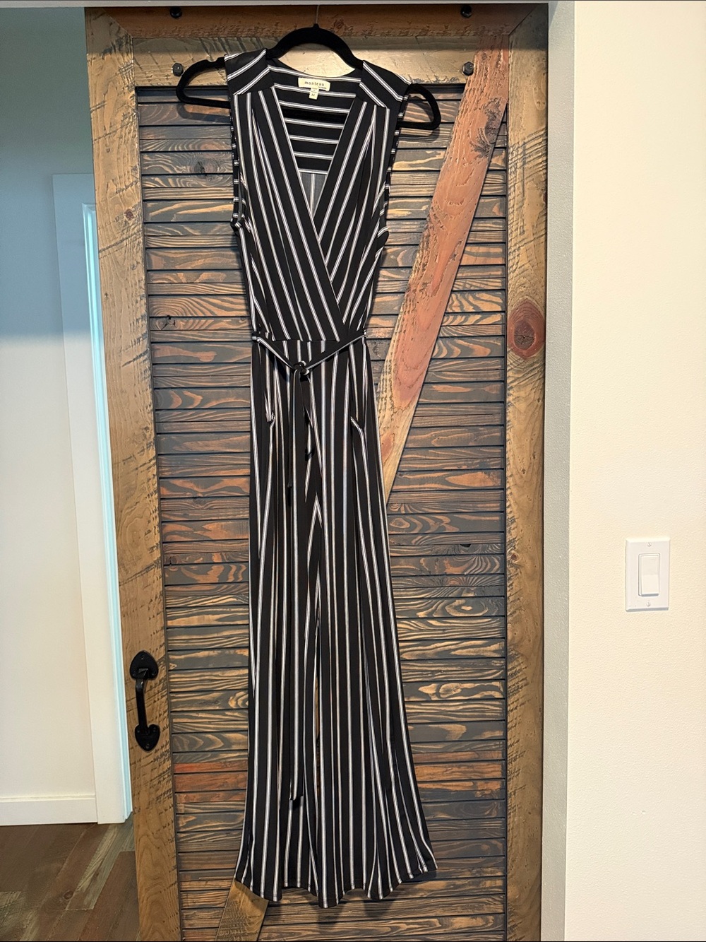 Monteau Black and White Vertical Stripe Sleeveless Wrap Jumpsuit with Tie